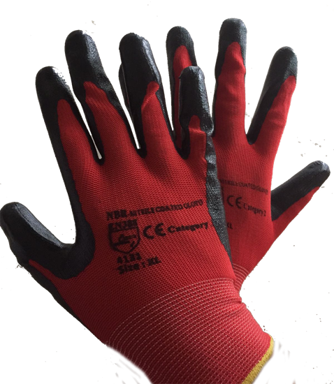Red and black coated work gloves